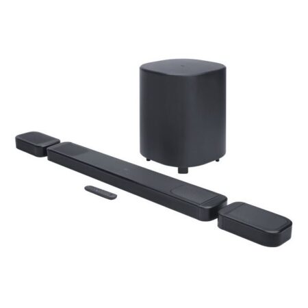 Barre de son jbl bar 1000 mk2 7.1.4 noire avec enceintes surround détachables et caisson de basses sans fil dans un salon moderne