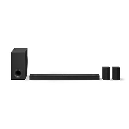 Image de la barre de son lg s80tr dolby atmos 5.1.3 noir avec enceintes arrière sans fil et caisson de basses pour une expérience home cinéma immersive.