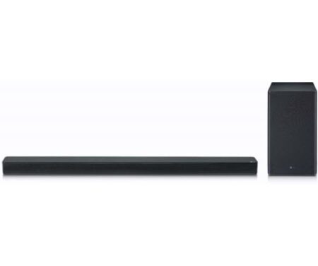 Image de la barre de son lg sk8 dolby atmos 2.1 titane installée sous une télévision avec caisson de basses sans fil pour un son immersif home cinéma.