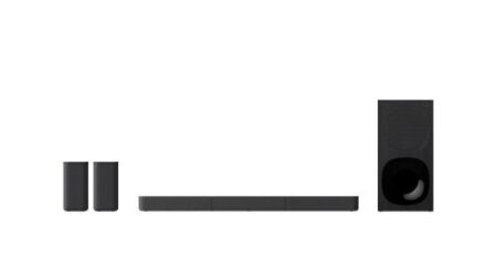 Image de la barre de son sony ht-s20r 5.1 dolby digital noir avec caisson de basses et enceintes arrière pour une expérience home cinéma immersive.