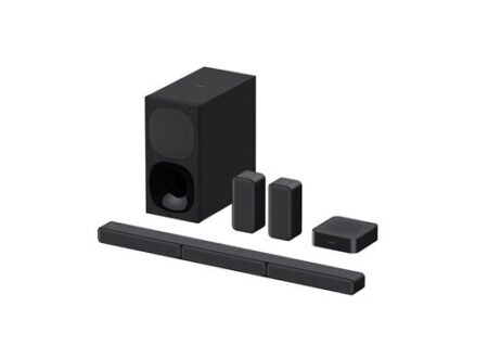 Image de la barre de son sony ht-s40r 5.1 dolby digital noir avec caisson de basses et enceintes arrière sans fil pour une expérience home cinéma immersive.
