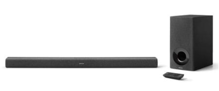 Barre de son sans fil denon dht s416bke2 noir avec caisson de basses sans fil placée devant un téléviseur dans un salon moderne