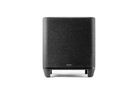Image du caisson de basse sans fil denon home subwoofer noir avec design compact et basses puissantes pour système audio immersif.