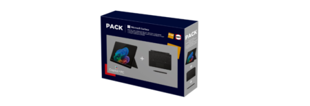 Pack pc hybride 2 en 1 microsoft surface pro 11 copilot pc tactile posé sur son clavier avec stylet.