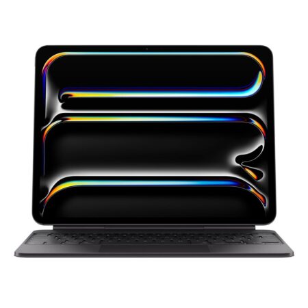 Clavier apple magic keyboard pour ipad pro 13 m4 noir ouvert avec une tablette fixée magnétiquement.