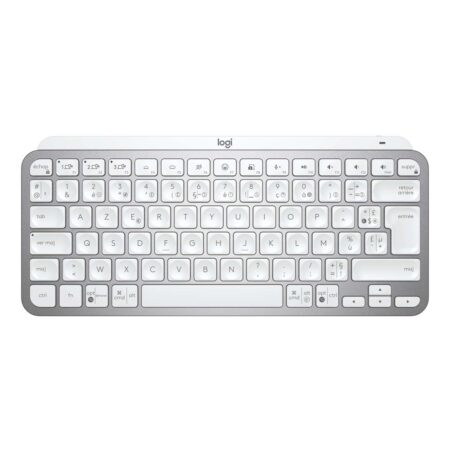 Petit clavier compact sans fil gris clair clavier logitech mx keys mini gris pâle sur bureau.