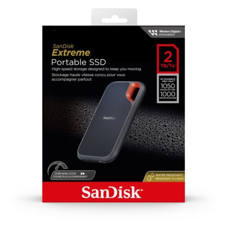 Disque SSD externe SanDisk Extreme Portable 2 To noir compact avec connexion USB 3.2 pour stockage rapide et sécurisé des fichiers numériques