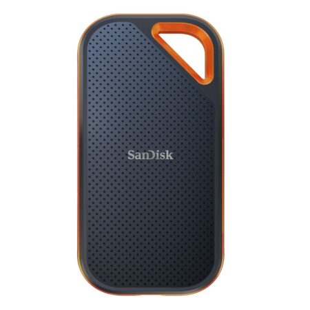 Disque ssd externe sandisk extreme pro 2 to noir avec son cadre en aluminium et son attache mousqueton.