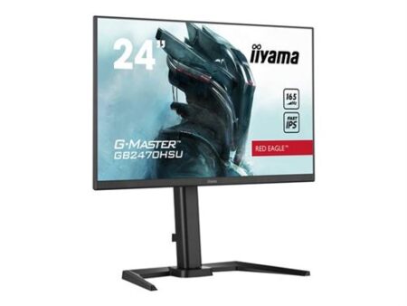 Écran gaming iiyama G-Master GB2470HSU-B5 noir mat réglé en hauteur avec image de jeu vive.