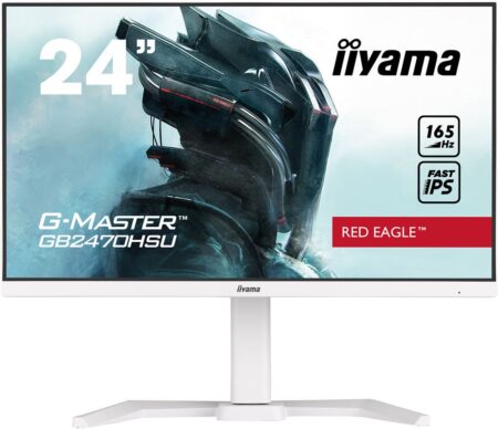 Écran gaming iiyama G-Master GB2470HSU-W5 de couleur blanche avec pied réglable et bordures fines.