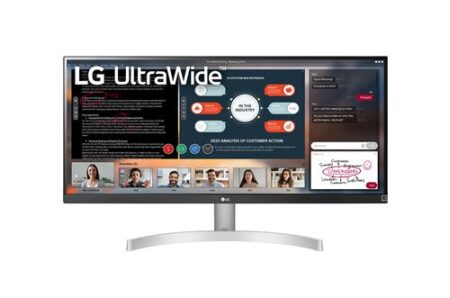 Écran gaming lg UltraWide 29WN600-W blanc de 29 pouces avec pied argenté et bordures fines.