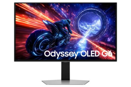 Écran gaming samsung Odyssey OLED G6 gris de 27 pouces avec pied réglable et design ultra-fin.