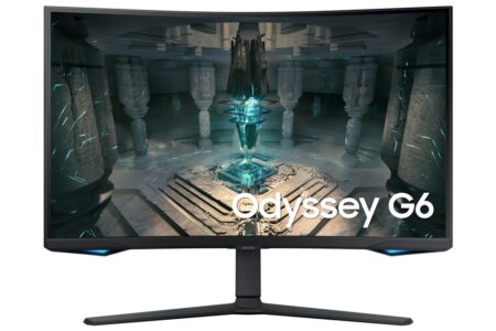 Moniteur noir Samsung Odyssey G6 présentant un écran gaming incurvé 32" qhd pour une expérience de jeu fluide.