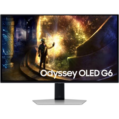Écran gaming samsung Odyssey OLED G6 gris de 27 pouces avec pied réglable et design ultra-fin.