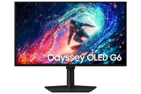 Écran gaming samsung Odyssey OLED G6 noir de 27 pouces avec éclairage CoreSync à l'arrière.
