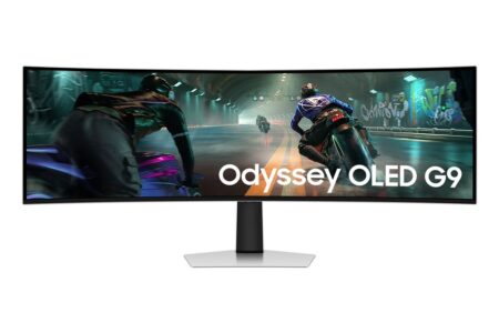 Moniteur panoramique gris Samsung Odyssey OLED G9 affichant un écran gaming incurvé 49" dual qhd pour une immersion totale.