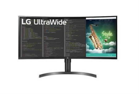 Écran pc lg 35WN75CN-B noir de 35 pouces incurvé avec câble USB-C branché et image panoramique