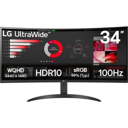Moniteur panoramique noir LG 34WR50QK-B de type écran pc incurvé 34 pouces haute résolution.