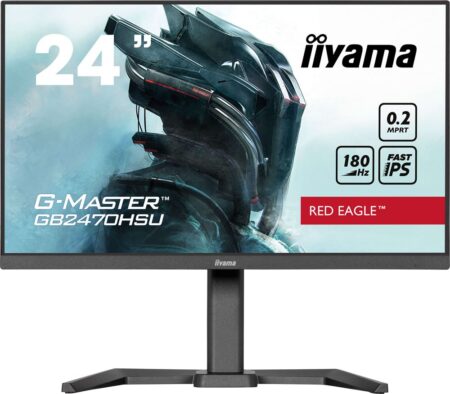 Écran gaming iiyama G-Master GB2470HSU noir de 24 pouces avec pied ajustable et écran allumé.