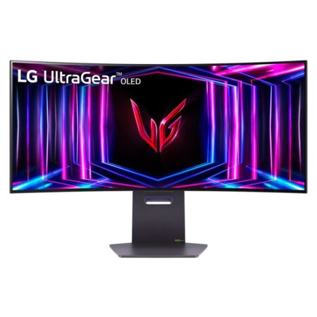 Écran gaming lg UltraGear 34GS95QE-B noir de 34 pouces incurvé OLED avec éclairage hexagonal à l'arrière.