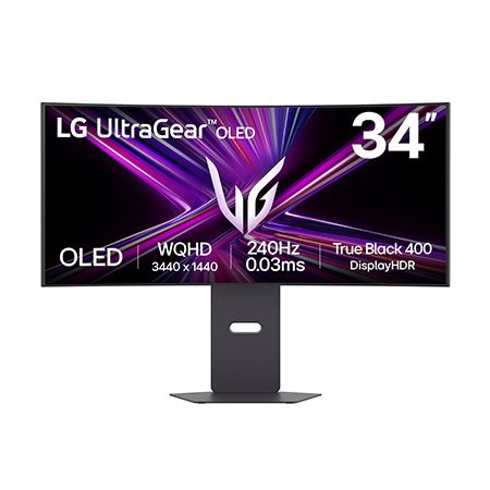 Écran gaming lg UltraGear 34GX900A-B noir de 34 pouces incurvé OLED avec pied ergonomique.