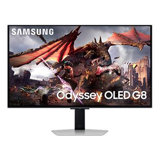Moniteur haut de gamme Samsung Odyssey G80SD argenté affichant un écran pc gaming 4k uhd pour une immersion totale.