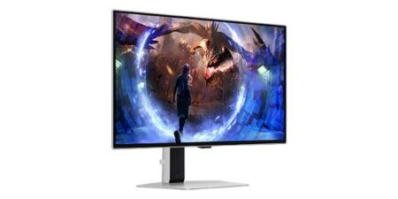 Écran gaming samsung Odyssey OLED G6 argenté de 27 pouces avec éclairage circulaire Core Lighting à l'arrière.