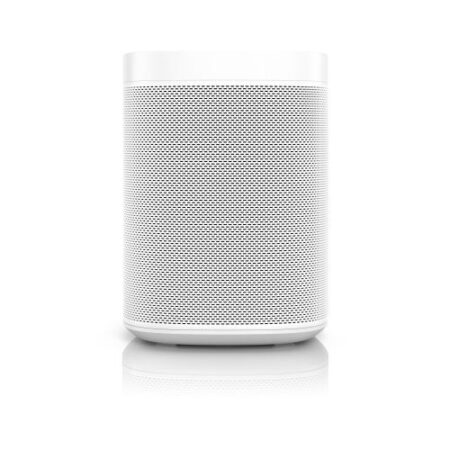 L'enceinte sonos sans fil blanc One SL posée sur le comptoir d'une cuisine moderne.