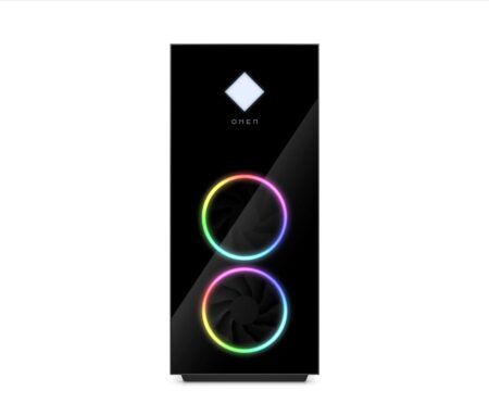 Unité centrale pc gaming hp Omen 40L noire avec éclairage RGB interne et panneau latéral en verre.