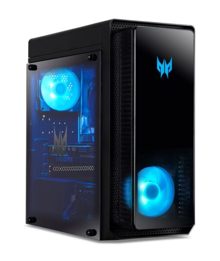 Unité centrale pc gaming acer Predator Orion 3000 noire avec éclairage frontal bleu et design compact.