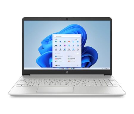 Pc portable hp 15s gris ouvert montrant le clavier et l écran de quinze pouces.