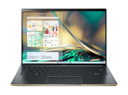 pc ultra portable acer swift 5 sf514 56t avec écran tactile 14 pouces ultra fin posé sur bureau moderne professionnel