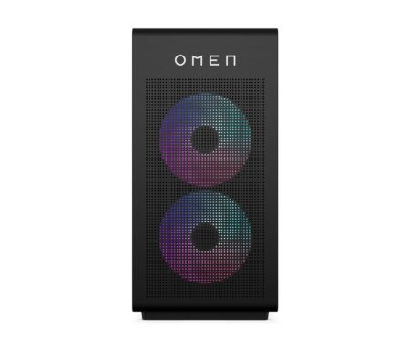 Unité centrale pc gaming hp Omen 35L Desktop noire avec éclairage RGB et panneau vitré.