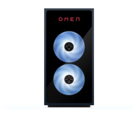Unité centrale pc gaming hp Omen 35L noire avec éclairage RGB frontal et panneau latéral en verre.
