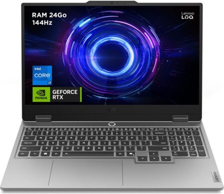 PC portable gaming lenovo loq 15irx10 15,6" Full HD 144 Hz avec Intel Core i7, 24 Go RAM et SSD 1 To, design noir pour gamers