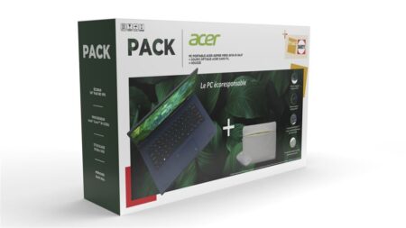 Pc portable acer Aspire Vero gris avec texture mouchetée écologique sur un bureau.