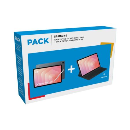 Pack tablette samsung galaxy tab s11 11 wi-fi 128 go gris installée sur son clavier book cover keyboard noir.
