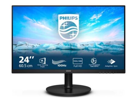 Moniteur noir Philips V-line 241V8LAB affichant un écran pc full hd 100 hz pour une utilisation bureautique fluide.