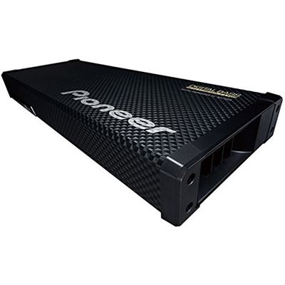 Vue latérale du Pioneer caisson de basse actif pour voiture noir avec sa finition en aluminium.