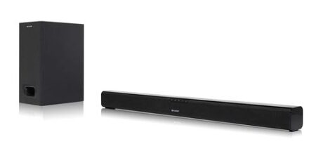 Image de la barre de son sharp ht-sbw110 2.1 slim noir avec caisson de basses externe pour home cinéma compact.