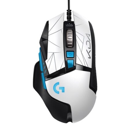 Souris gaming édition spéciale blanc et noir souris logitech g502 hero k/da avec motifs géométriques.