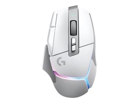 Souris gamer sans fil blanche avec bandeau lumineux RVB souris logitech g502 x plus lightspeed design ergonomique.