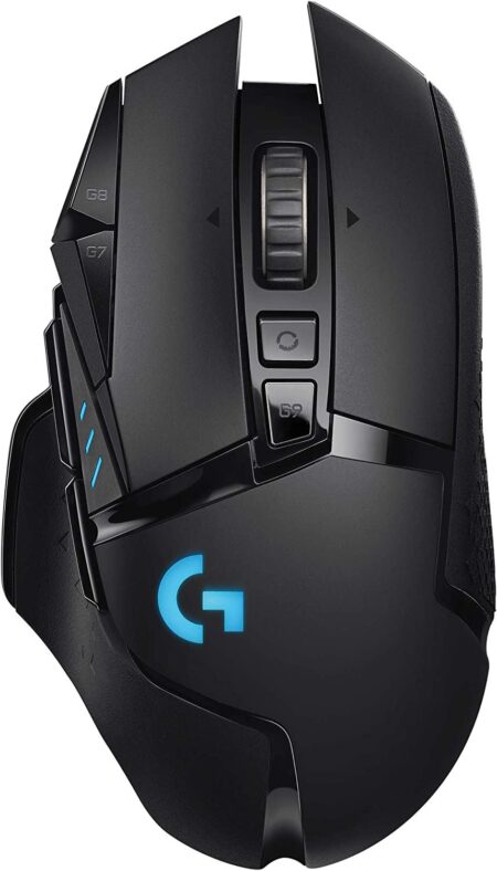 Souris gaming sans fil noire Logitech G502 Lightspeed avec éclairage RGB et boutons programmables.