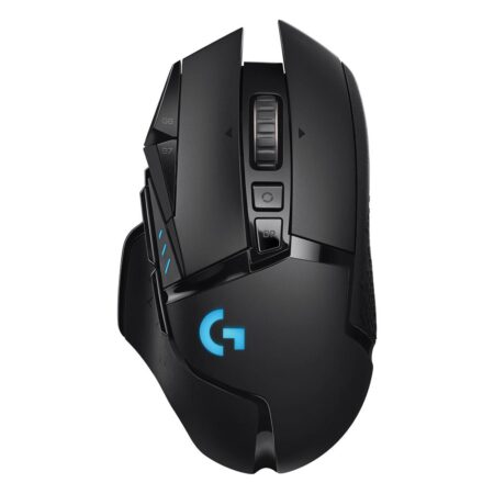 Souris gaming sans fil noire Logitech G502 Lightspeed Wireless avec éclairage RGB personnalisable.