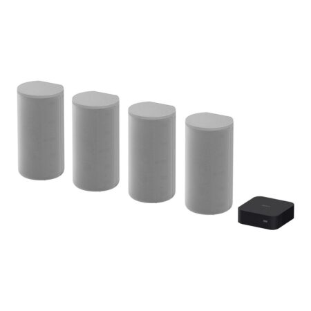 Image du système home cinéma sony ht a9 dolby atmos 360 gris clair avec quatre enceintes sans fil et installation moderne immersive sans câbles visibles.