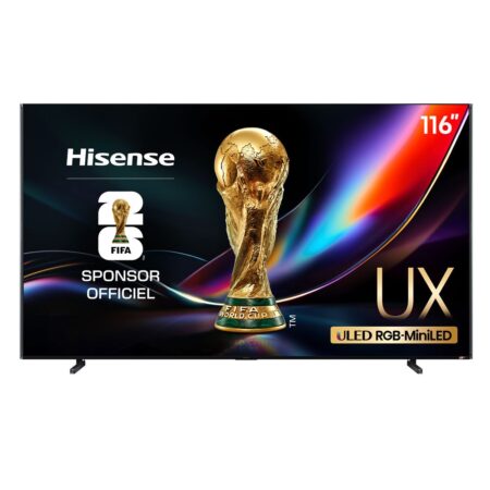 Vue de face du téléviseur hisense 116uxq de 293 cm diffusant un paysage coloré avec un contraste élevé.