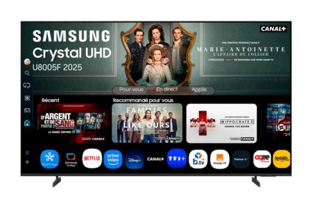 Téléviseur TV LED Samsung TU43U8005F modèle 2025 affichant un paysage coloré sur un meuble de salon.