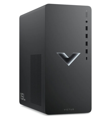 Tour fixe pc gaming hp Victus 15L noire avec logo en V éclairé en façade.