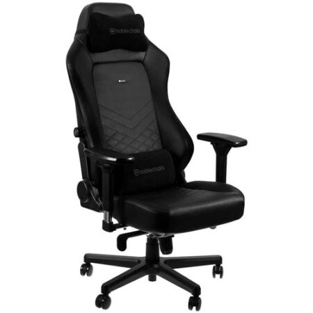 Un siège gamer noblechairs hero noir élégant placé dans un setup professionnel moderne pour le jeu vidéo.