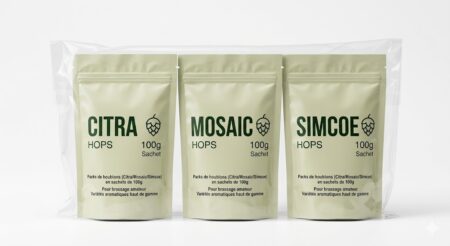 Packs de houblons 100g Citra Mosaic et Simcoe destinés au brassage artisanal de bière maison.